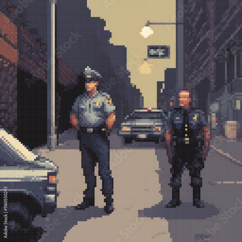 Pixel art depicting two police officers in a bustling city street.