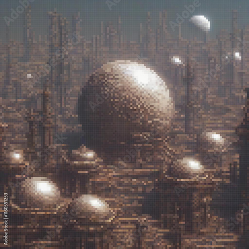 Astounding pixel art of a futuristic metropolis centered by a colossal sphere.