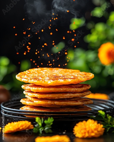 Spicysweet kimchi pancakes in a traditional Korean hanok village, Korean vibrant bites, fermented daring fusions photo