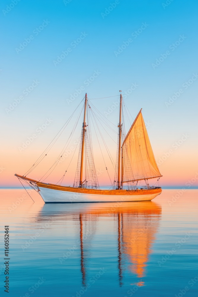 Fototapeta premium Sailing adventure tranquil waters stunning yacht evening glow serene atmosphere reflection