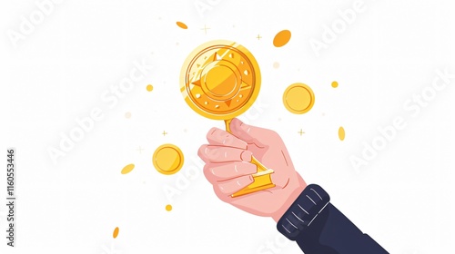 First Place Award: Hand holding golden medal for achievement and success photo