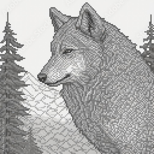 Pixel art image wolf standing next fence trees background