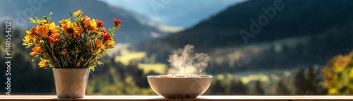 Wholegrain porridge with Scottish highlands in the distance, rustic wellness breakfasts, fiberrich heritage photo