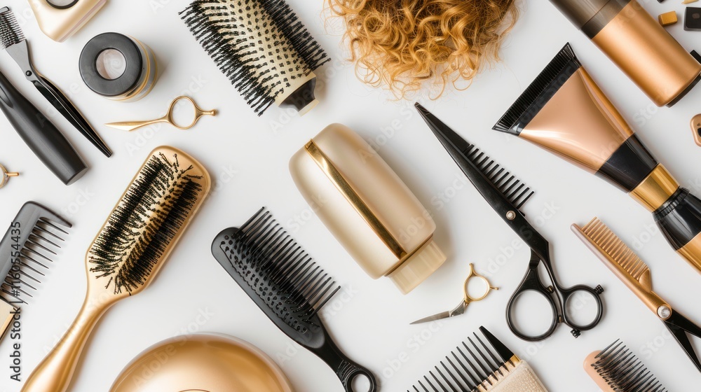 Hair styling tools and products flat lay. Hair styling tools and products flat lay.