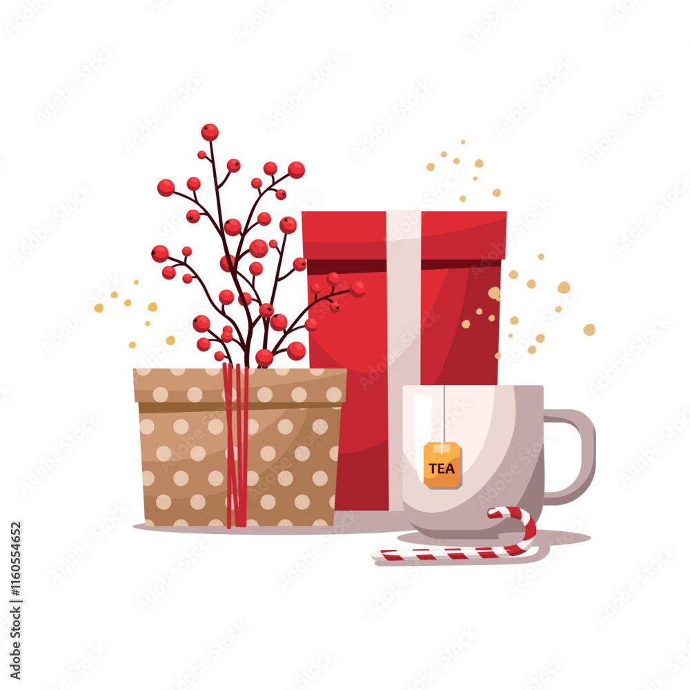 Obraz premium Christmas tea and gift boxes wrapped in ribbon on white background
