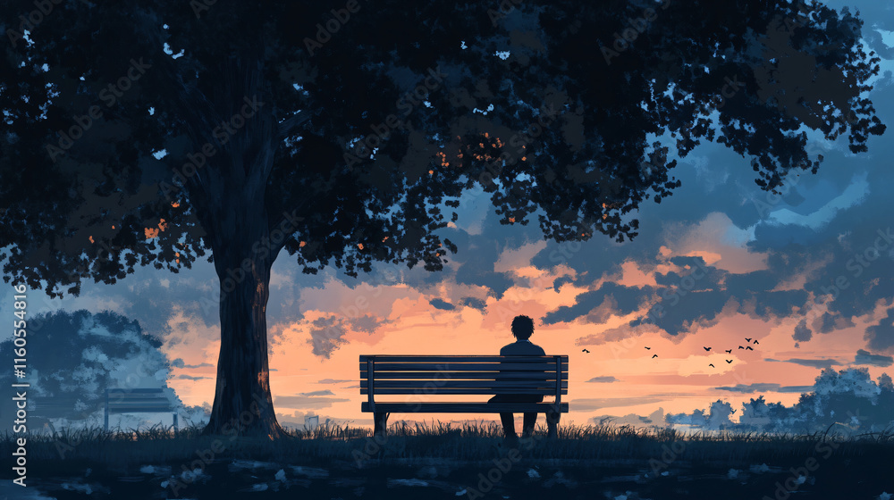 A figure sitting on a park bench at dusk, reflecting on the day’s events. A figure sitting on a park bench at dusk, reflecting on the day’s events.