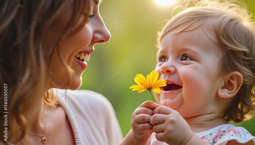Mother and child smiling with flower in green nature background Mother and child smiling with flower in green nature background