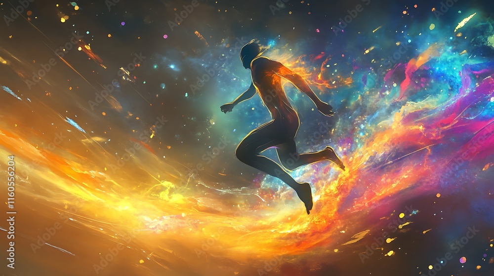 Silhouette of a running man engulfed in vibrant cosmic flames and nebula. Silhouette of a running man engulfed in vibrant cosmic flames and nebula.