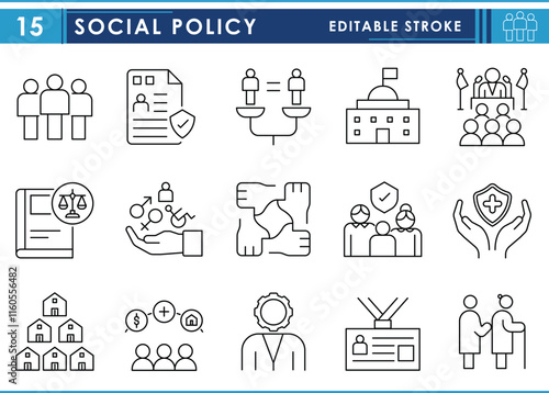 A set of line icons related to Social Policy. Social, people, political, government, law, rules, responsibility, equity, healthcare, security, identity, and so on. Vector editable stroke.