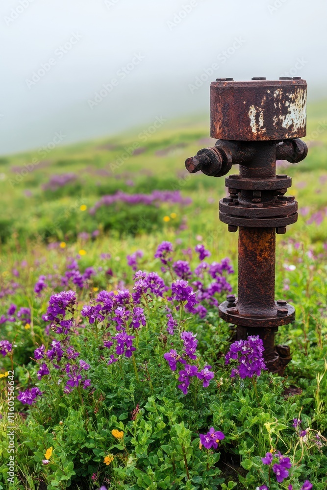 Weathered oil wellhead surrounded by nature, showcasing the contrast between industry and the environment. Weathered oil wellhead surrounded by nature, showcasing the contrast between industry and the environment.
