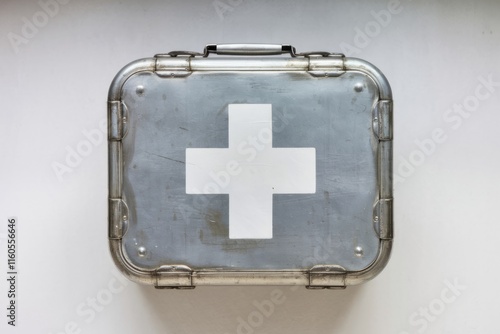 Vintage metal first-aid kit with a white cross, showing signs of age and wear.