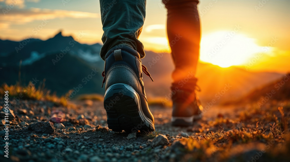 close-up of hiking boots on a trail at sunset close-up of hiking boots on a trail at sunset
