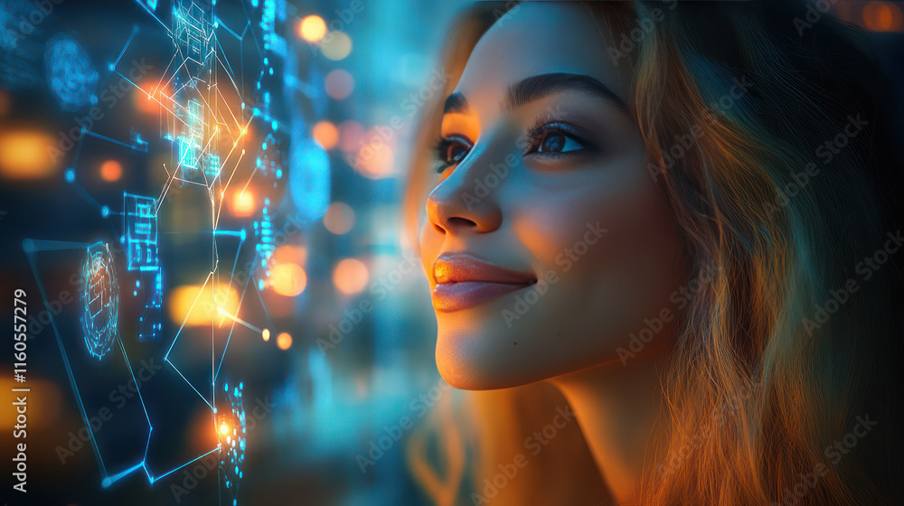 woman with long hair gazes at digital data projections, showcasing curiosity and wonder. vibrant colors and glowing elements create futuristic atmosphere woman with long hair gazes at digital data projections, showcasing curiosity and wonder. vibrant colors and glowing elements create futuristic atmosphere