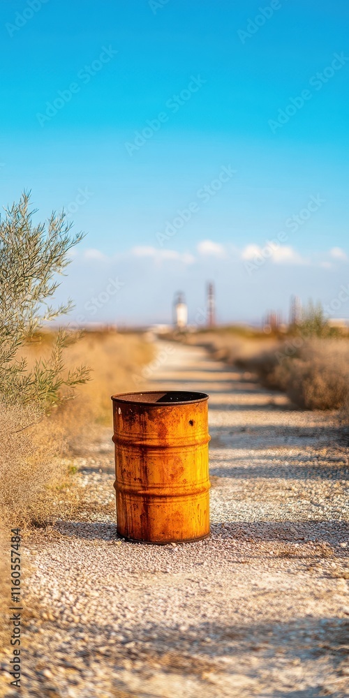 An old oil barrel left to rust near a serene, overgrown landscape under a clear blue sky. An old oil barrel left to rust near a serene, overgrown landscape under a clear blue sky.