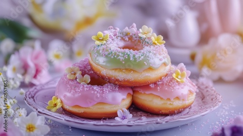 Three pastel-colored donuts decorated with sugar sprinkles and edible flowers, stacked on a plate.