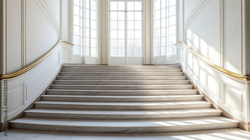 Obraz premium Sunlit marble staircase in grand hall.