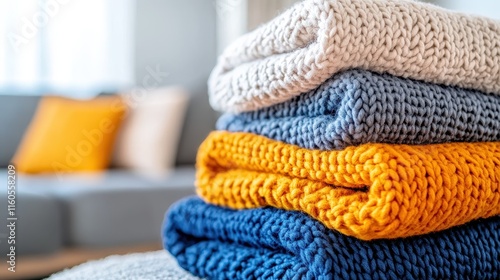 Stack of colorful knitted blankets folded neatly in a cozy living room setting with a couch and cushions in the background.