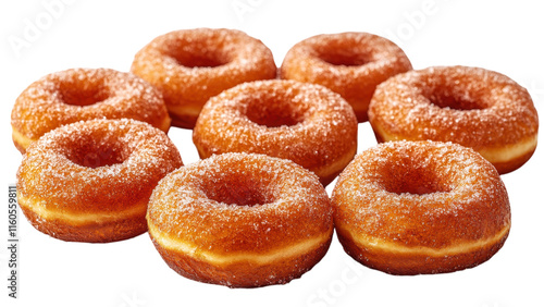 Colorful mini donuts in a circular pattern, playful design, bright colors, simple white backdrop, inviting and delightful presentation