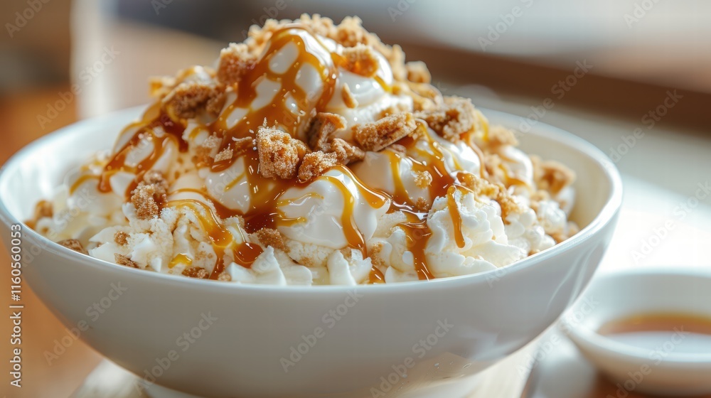 A creamy snow dessert with vanilla-flavored shaved ice, topped with caramel sauce and crushed cookies, blending crunchy and soft textures A creamy snow dessert with vanilla-flavored shaved ice, topped with caramel sauce and crushed cookies, blending crunchy and soft textures