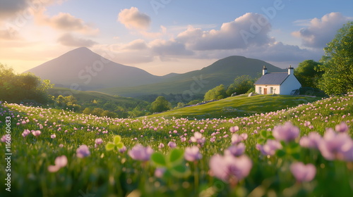 a countryside and a cozy Irish cottage, with soft sunlight and clover scattered in the foreground photo