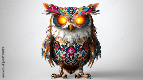 Vibrant 3D cartoon owl with geometric patterns and bright colors, showcasing boho style photo