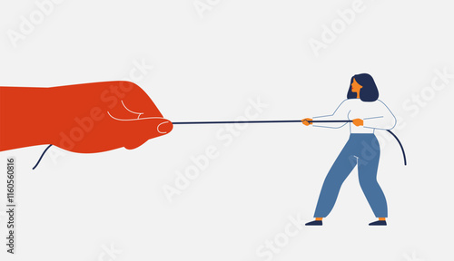 Woman tug of war against big human hand. Authoritarian leader pulling rope with employee. Struggle with discrimination on workplace, equal rights and opportunities in business for females. Vector