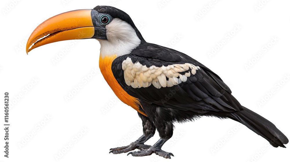 Obraz premium Vibrant Toucan with Striking Colors: A close-up portrait of a toucan with a large, orange bill, black body, and white accents, showcasing the bird's vibrant colors and unique features. 