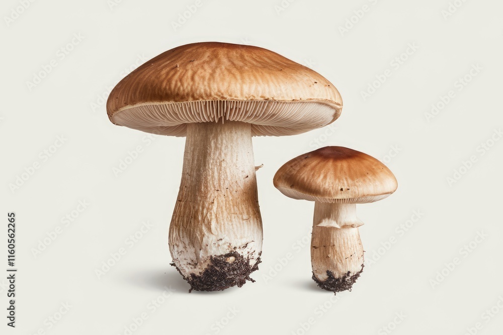 Two brown mushrooms with thick stems and wide caps stand on a white background. Two brown mushrooms with thick stems and wide caps stand on a white background.