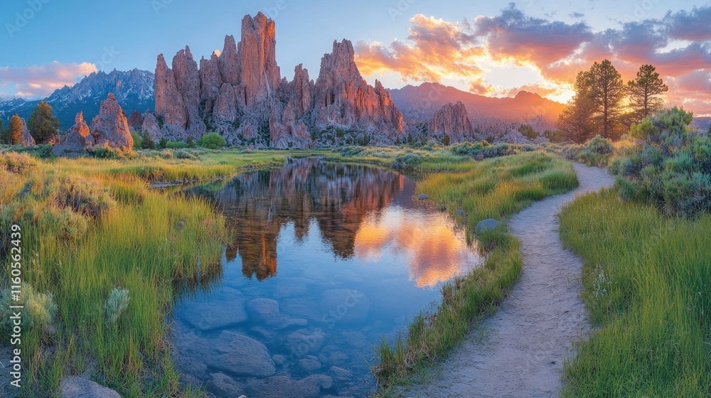 Obraz premium Sunset reflecting on a tranquil lake with towering rock formations and a winding path.