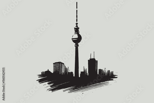 Minimalistic brush style illustration of Berlin's Fernsehturm in black and white