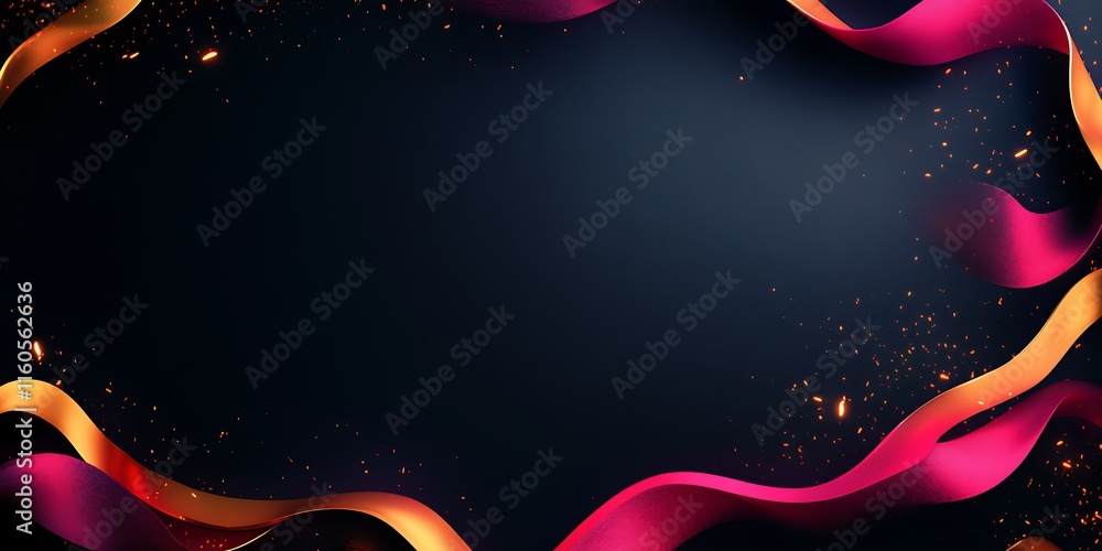 Fototapeta premium Abstract dark background with pink and gold ribbons and sparkles.