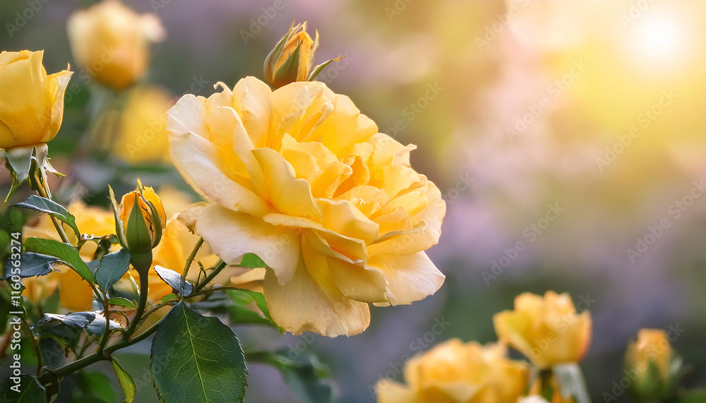 A stunning yellow rose bush bursts with life in the morning sun, showcasing its exquisite blooms under a clear sky. Perfectly symbolizes love and romance, ideal for Valentine's Day A stunning yellow rose bush bursts with life in the morning sun, showcasing its exquisite blooms under a clear sky. Perfectly symbolizes love and romance, ideal for Valentine's Day