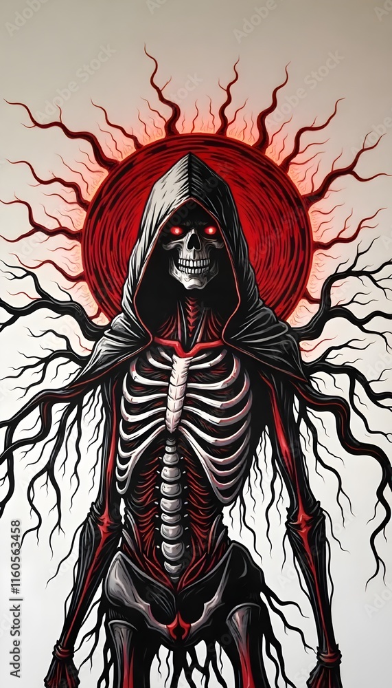 Intricate Tattoo Design of a Dark Bony Monster Woman with Tree-Root Veins, a Single Glowing Red Drop, and a Flaming Red Sun, Isolated on a White Background Intricate Tattoo Design of a Dark Bony Monster Woman with Tree-Root Veins, a Single Glowing Red Drop, and a Flaming Red Sun, Isolated on a White Background
