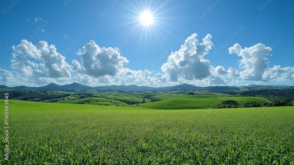 A vibrant landscape featuring rolling green hills under a bright sun and scattered clouds. A vibrant landscape featuring rolling green hills under a bright sun and scattered clouds.