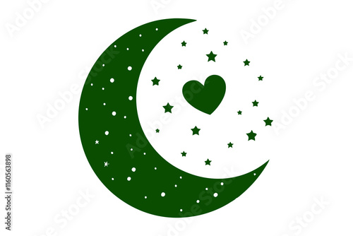 A crescent moon silhouette with tiny heart-shaped stars surrounding it vector illustration on white background