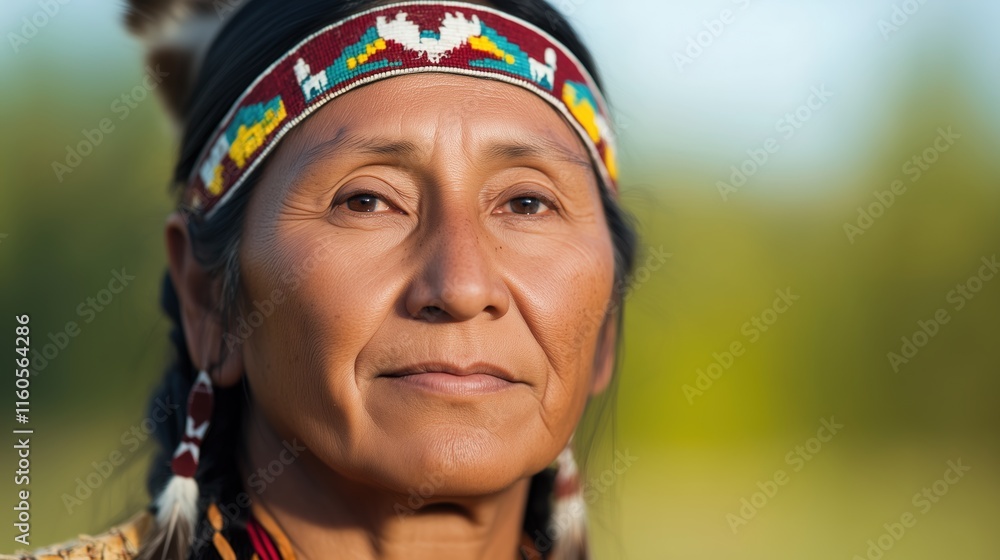 Portrait of Indigenous Two Spirit Person in Traditional Attire with Beaded Headband and Feather, Emphasizing Cultural Heritage and Diversity in Vibrant Outdoor Natural Setting, Authentic Connection Portrait of Indigenous Two Spirit Person in Traditional Attire with Beaded Headband and Feather, Emphasizing Cultural Heritage and Diversity in Vibrant Outdoor Natural Setting, Authentic Connection