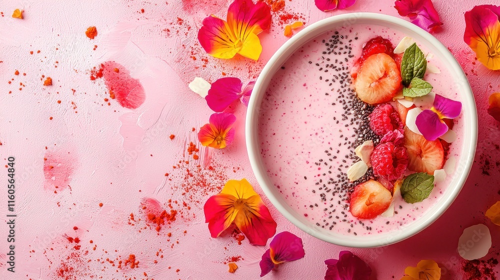 Fresh and Vibrant 2D Flat Illustration of Creative Smoothie Bowl with Fresh Fruit, Chia Seeds, and Edible Petals Fresh and Vibrant 2D Flat Illustration of Creative Smoothie Bowl with Fresh Fruit, Chia Seeds, and Edible Petals