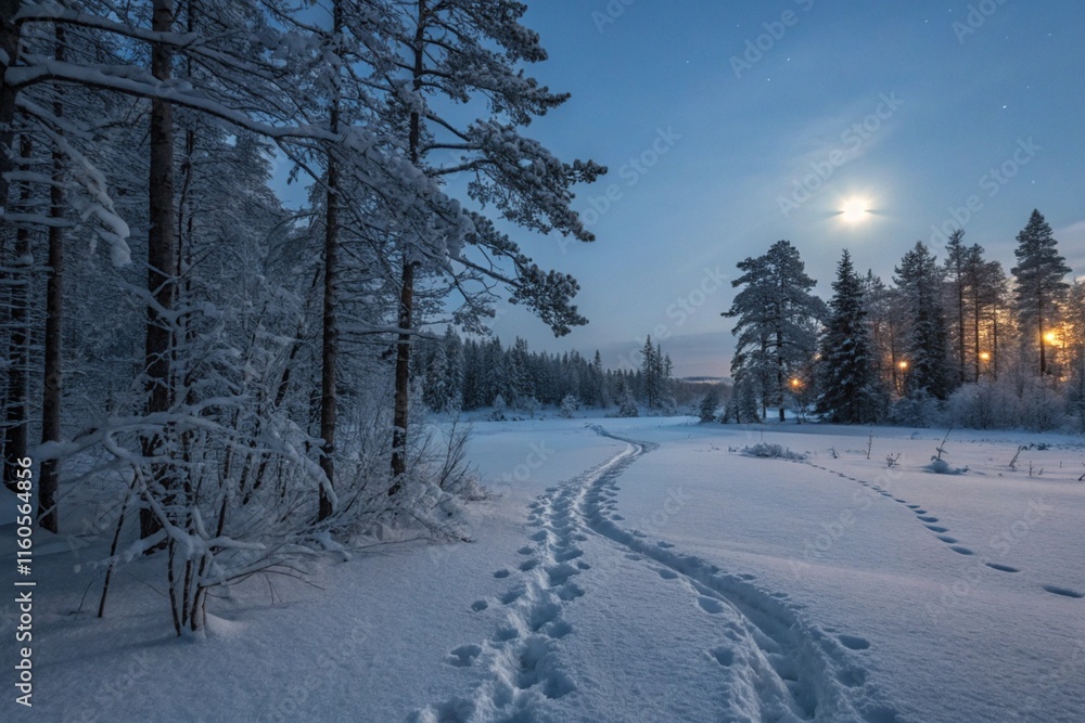 Obraz premium Moonlit Snowy Forest: Tranquil Winter Wonderland with Animal Tracks and Distant Civilization Lights, 8K