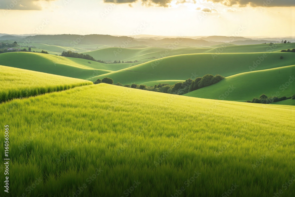 Rolling hills and verdant fields in rural area with breeze Rolling hills and verdant fields in rural area with breeze