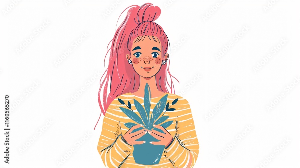 Stylish Pink Haired Girl Holding Potted Plant in Trendy Outfit Stylish Pink Haired Girl Holding Potted Plant in Trendy Outfit