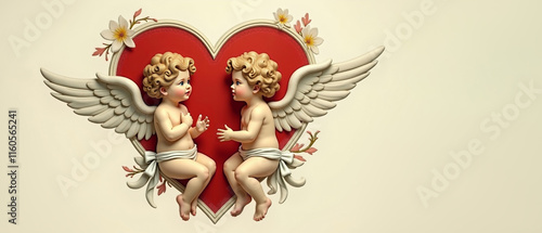 Two cute cupids sitting inside a red heart and having a conversation. The background is beige. Vintage style. AI generative.