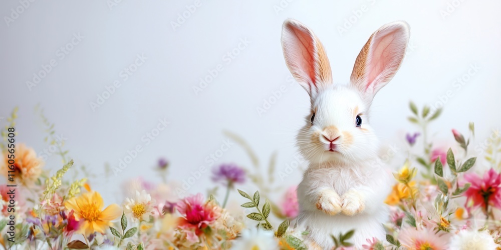 A cute bunny peeking out of a soft bed of pastel-colored flowers, symbolizing spring, innocence, and joy in a delicate and cheerful setting. A cute bunny peeking out of a soft bed of pastel-colored flowers, symbolizing spring, innocence, and joy in a delicate and cheerful setting.
