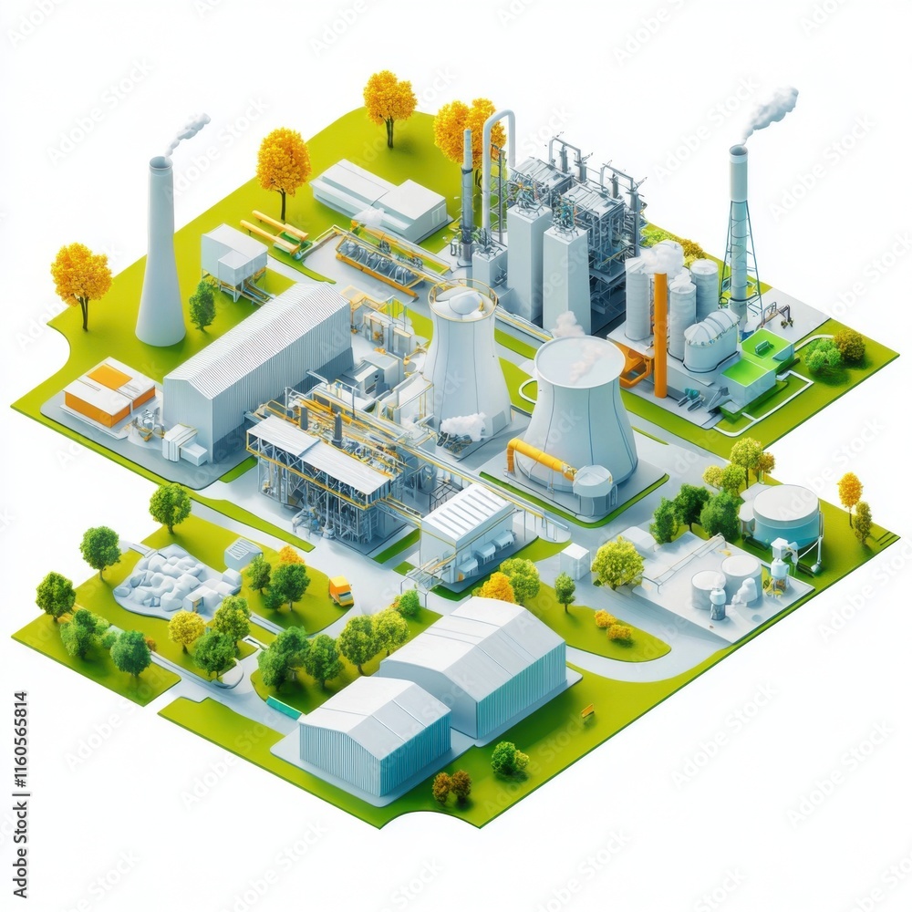3D Isometric Rendering of a Power Plant with Industrial Facility and Equipment 3D Isometric Rendering of a Power Plant with Industrial Facility and Equipment