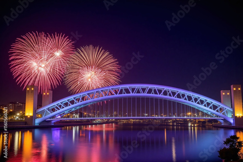 Fireworks display over bridge at night photo