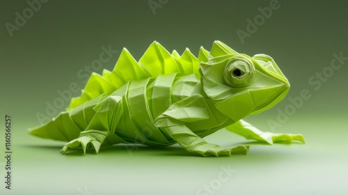 Green Origami Chameleon on White Background. Generative AI photo