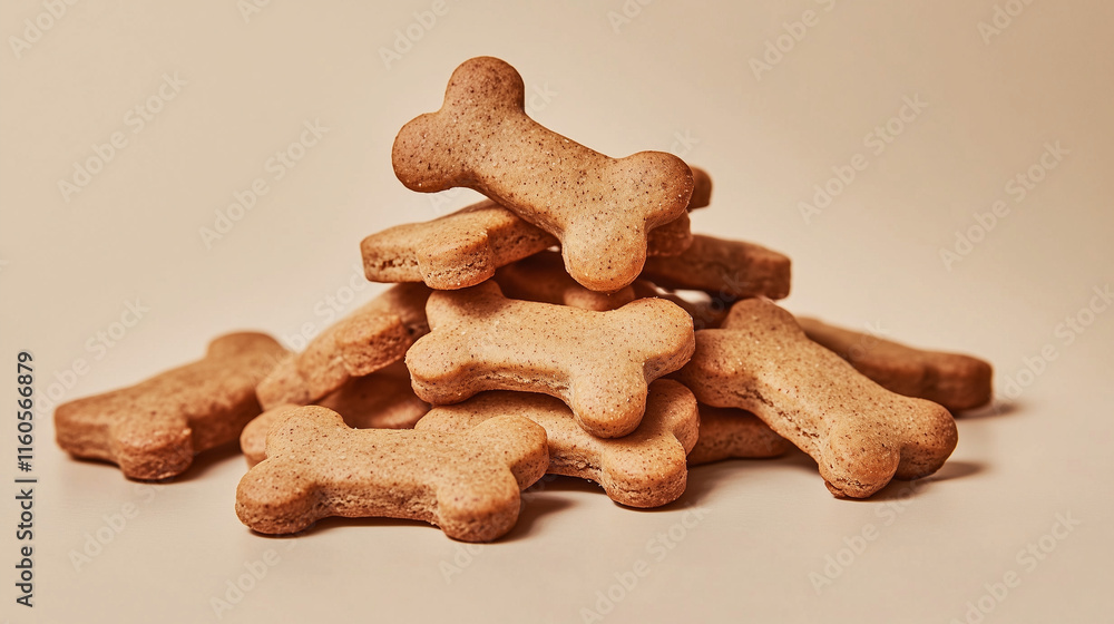Fototapeta premium Dog-shaped biscuits stacked on a light background for pet treat concept