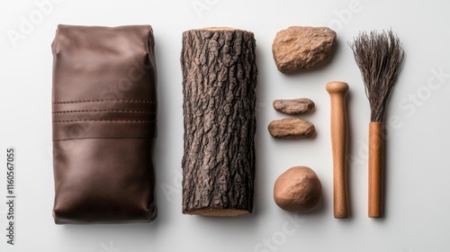 Outdoor fire-starting tools kit with natural elements on a white background. Generative AI photo