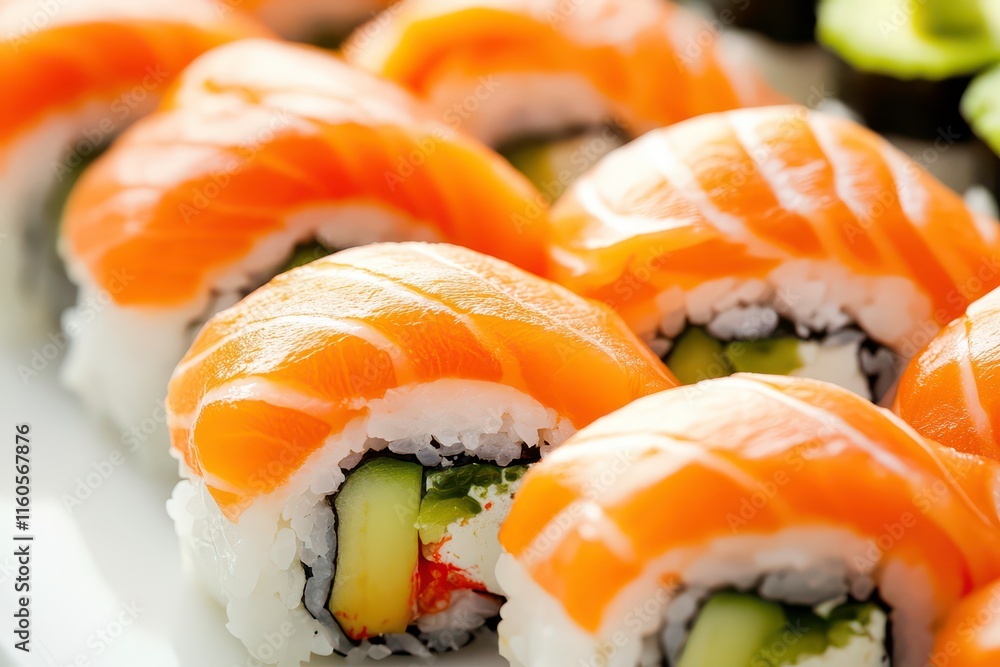 Close-up of sushi rolls with salmon, cucumber, and rice, showcasing vibrant colors and textures. Close-up of sushi rolls with salmon, cucumber, and rice, showcasing vibrant colors and textures.