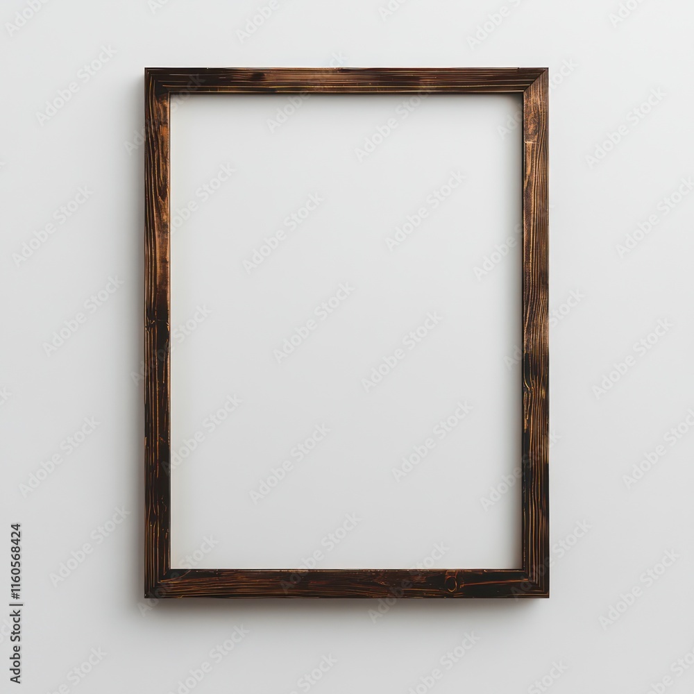 a mock up for an empty paint with an aspect ratio of 11:14, with thick dark brown wooden borders, in a minimalist white wall a mock up for an empty paint with an aspect ratio of 11:14, with thick dark brown wooden borders, in a minimalist white wall