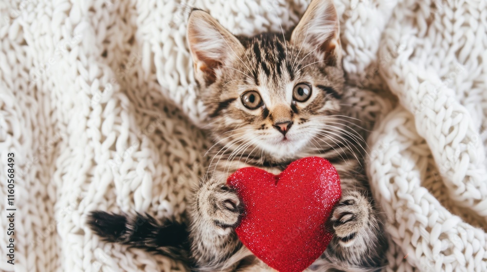 Naklejka premium Cute Kitten with Red Heart-Shaped Object on Knitted Blanket, Perfect for Valentine's Day or Birthday Card, Adorable Pet Celebration Concept